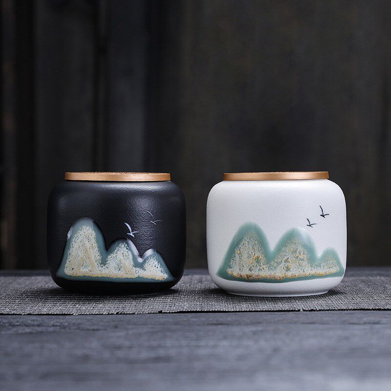 手绘青山粗陶茶叶罐小号陶瓷手绘密封罐存茶储罐子便携旅行茶叶盒