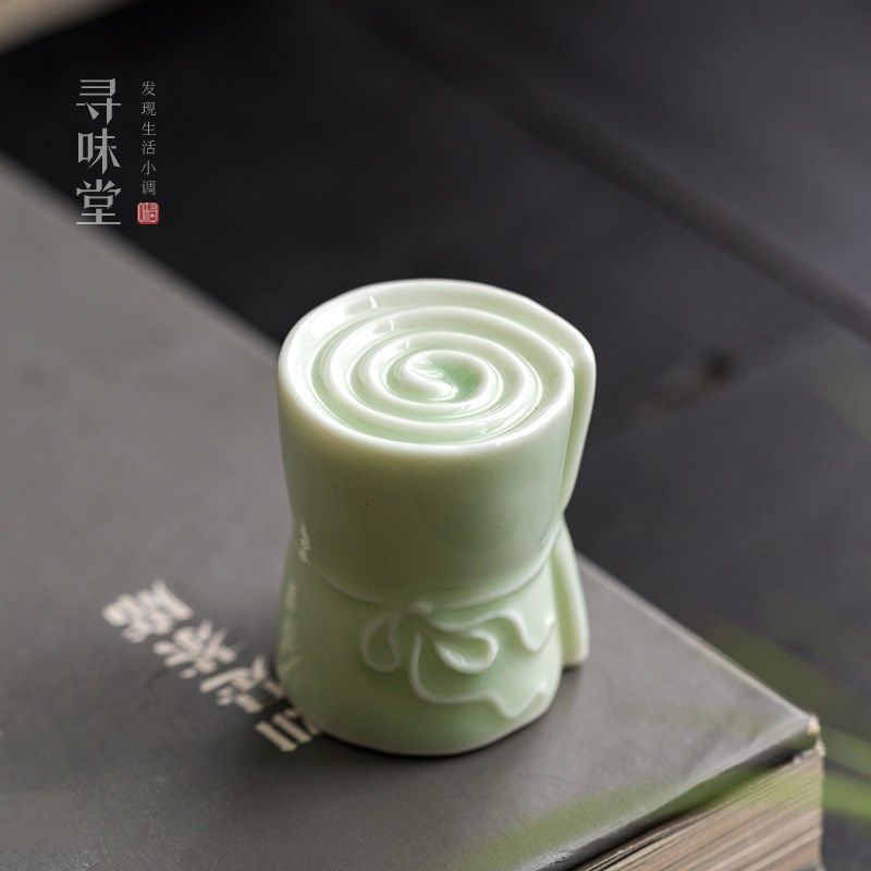 创意青瓷卷轴盖置壶盖托陶瓷功夫茶具配件茶桌茶道小摆件盖子托