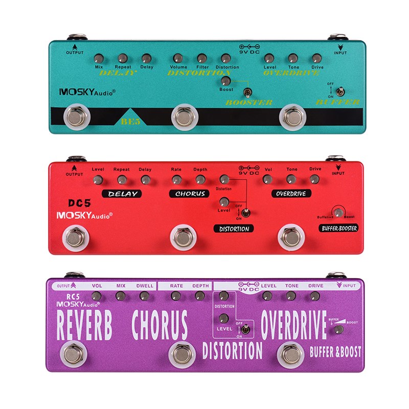 综合效果器Mosky5合1延迟过载失真混响合唱压缩电吉他贝斯通用