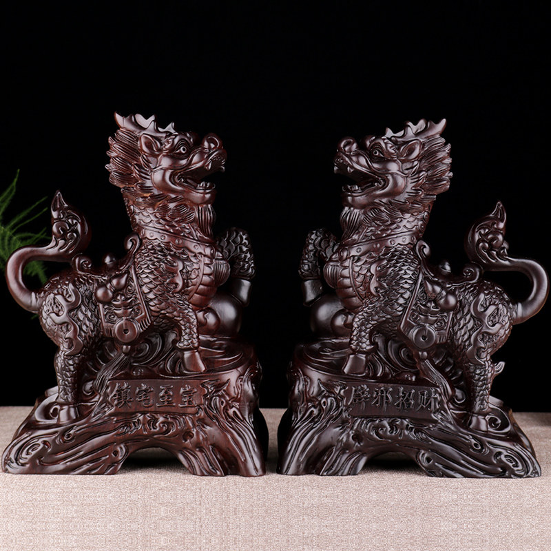 黑檀木麒麟摆件红木实木雕刻工艺品礼品家居饰品木雕木头乔迁礼品