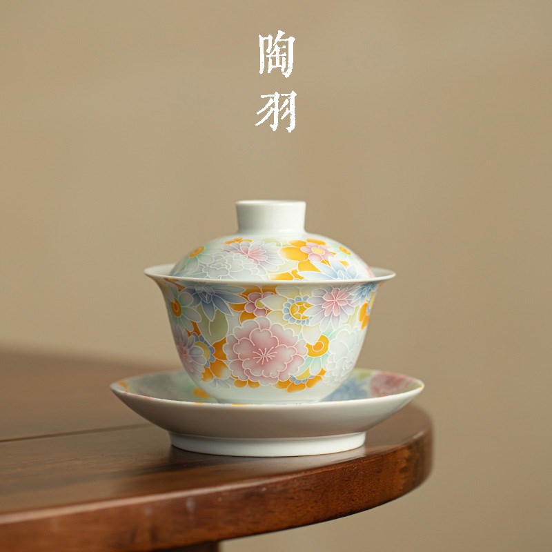 仿古釉万花陶瓷三才盖碗茶杯单个高档带盖茶碗家用茶盖碗功夫茶具