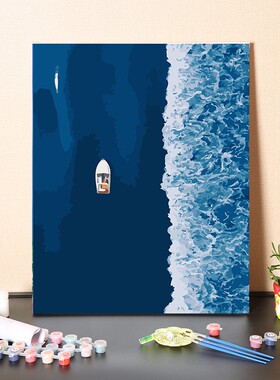 数字油画diy手工填充蓝色梦幻海洋游艇风景画手绘涂色丙烯油彩画