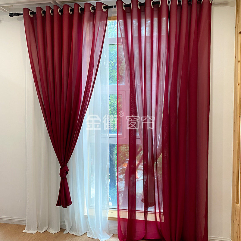 客厅卧室纱帘酒红色高密雪纺纱透光不透人花蕾红双层窗纱防刮定制