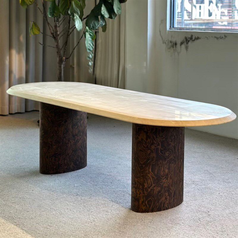 中古风实木复古大理石餐桌艺术侘寂风家用别墅椭圆形吃饭桌设计师