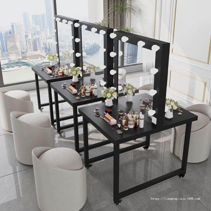 可移动双面带灯化妆台影楼铁艺化妆桌学校专业化妆镜子带轮梳妆台