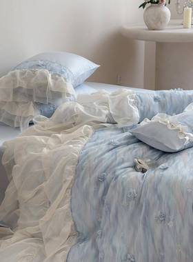 法式蓝色兰精天丝四件套夏季凉感冰丝床单被套公主风1.8m床上用品