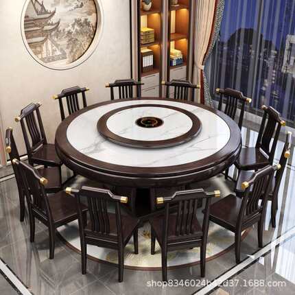 新中式岩板餐桌圆桌实木转盘餐桌椅组合现代简约家用饭店大圆桌子