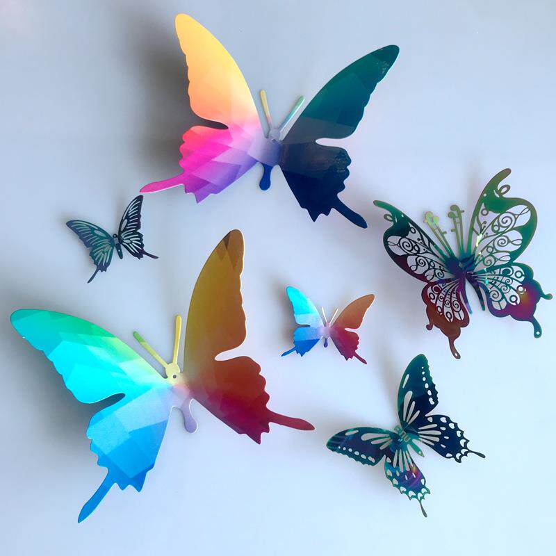 彩虹色蝴蝶墙贴不锈钢自由折叠立体起飞状壁饰现代家居卧室装饰品