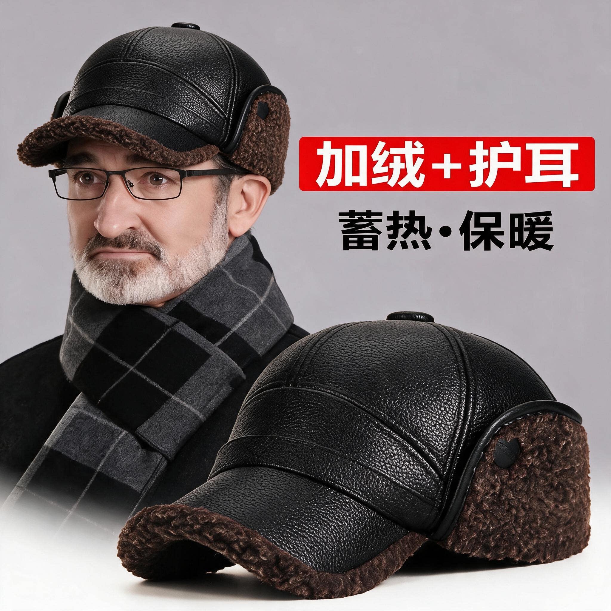 新冬季中老年荔枝纹皮帽男保暖老头护耳雷锋帽爸爸加绒防风棒球帽