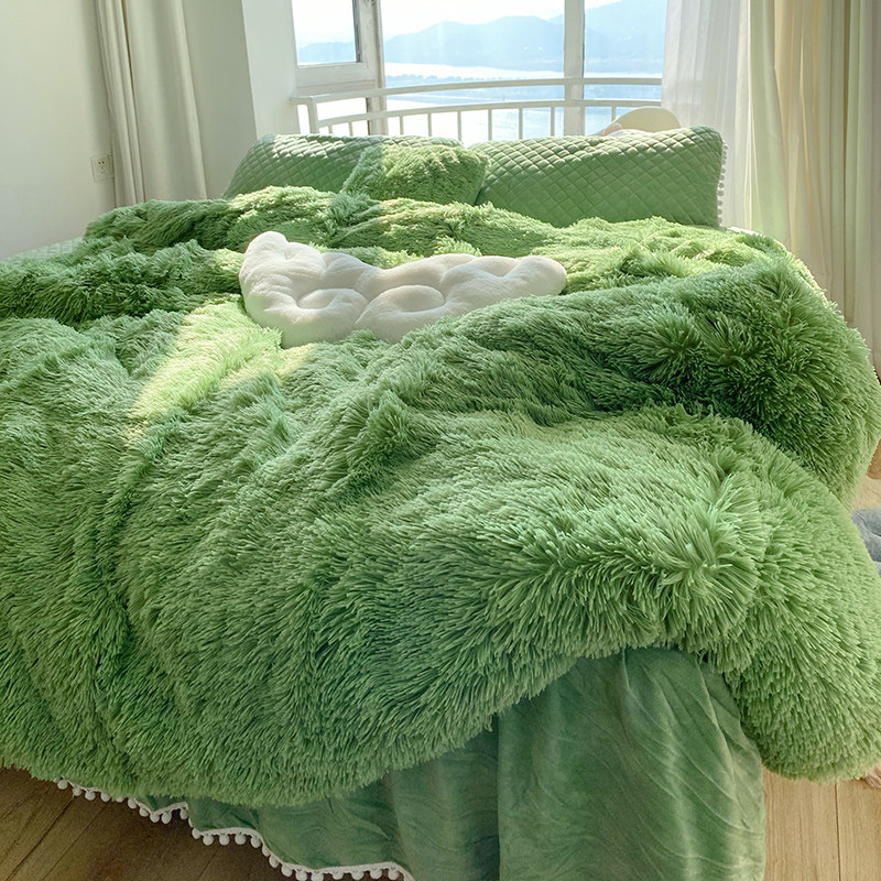鱼梦 牛油果绿~升级款长毛绒四件套 床裙式夹棉加厚保暖床品1.8床