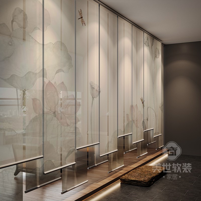 新中式悬挂式遮光屏风隔断玄关客厅茶室阳台酒店定制荷花卷帘窗帘