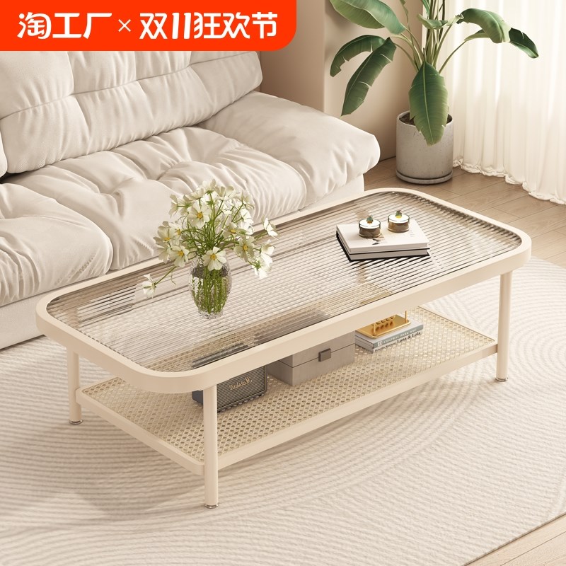 奶油风茶几客厅家用高级感小户型小桌子钢化玻璃阳台茶桌双层桌面
