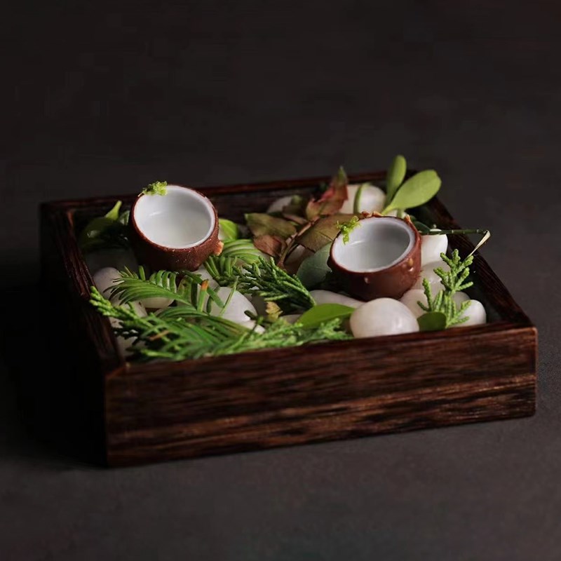 法式西餐创意位上分子料理木盒西餐厅个性实木保温鹅卵石点心碟子