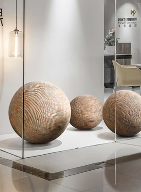 实木雕刻圆木球落地摆件大型雕塑工艺品酒店大堂门店橱窗软装饰品