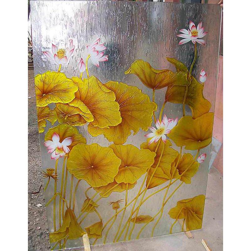 钢化艺术玻璃隔断玄关屏风手工尽头荷花荷塘金走廊背景墙雕刻美色