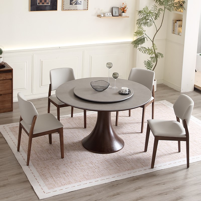 岩板餐桌圆桌实木家用小户型餐厅圆形饭桌带转盘白蜡木餐桌椅组合