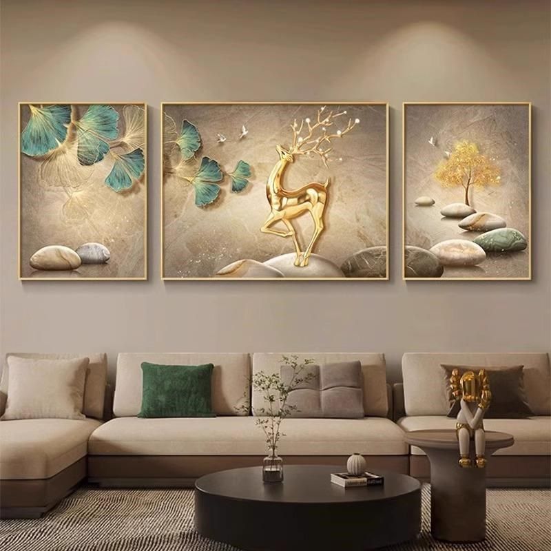 现代客厅装饰画银杏福禄沙发背景墙壁画高级感大气三联挂画
