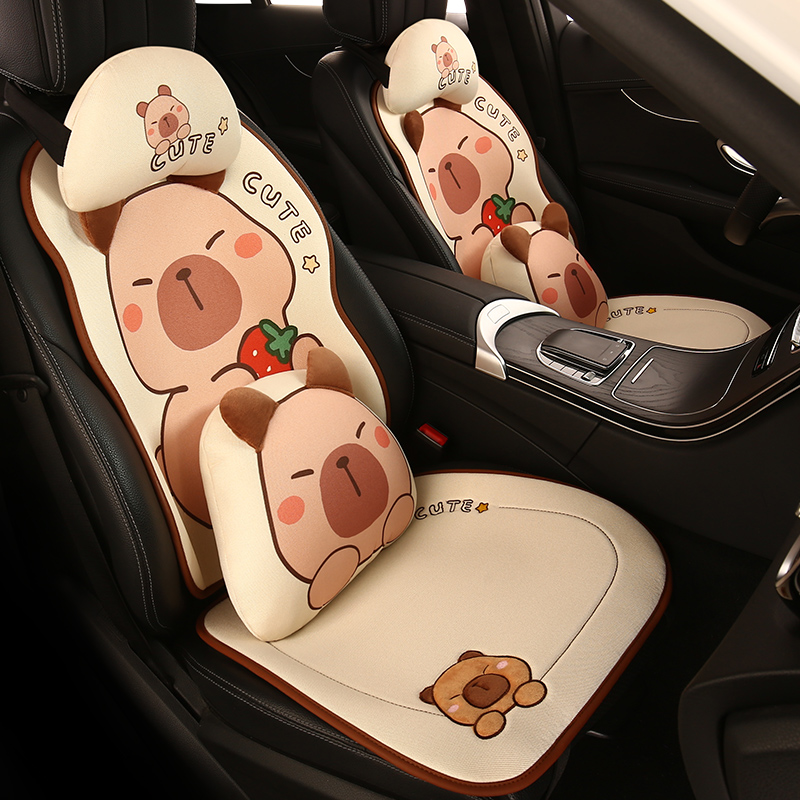 卡皮巴拉汽车坐垫四季通用2024卡通可爱秋冬小蛮腰棉麻车座车垫