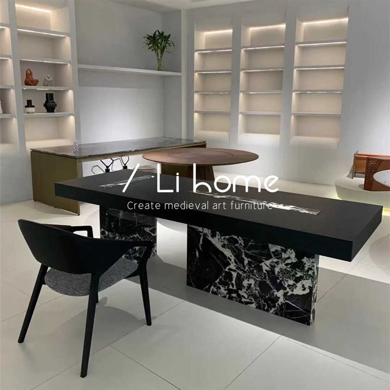 极简实木设计师别墅泡茶桌意式简约大理石茶台黑白花创意艺术餐桌