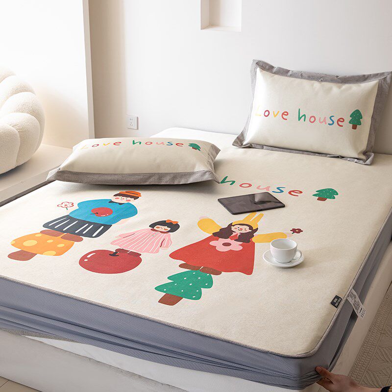 卡通可爱夏季冰丝凉席三件套可水洗床笠空调席儿童印花单人软席子