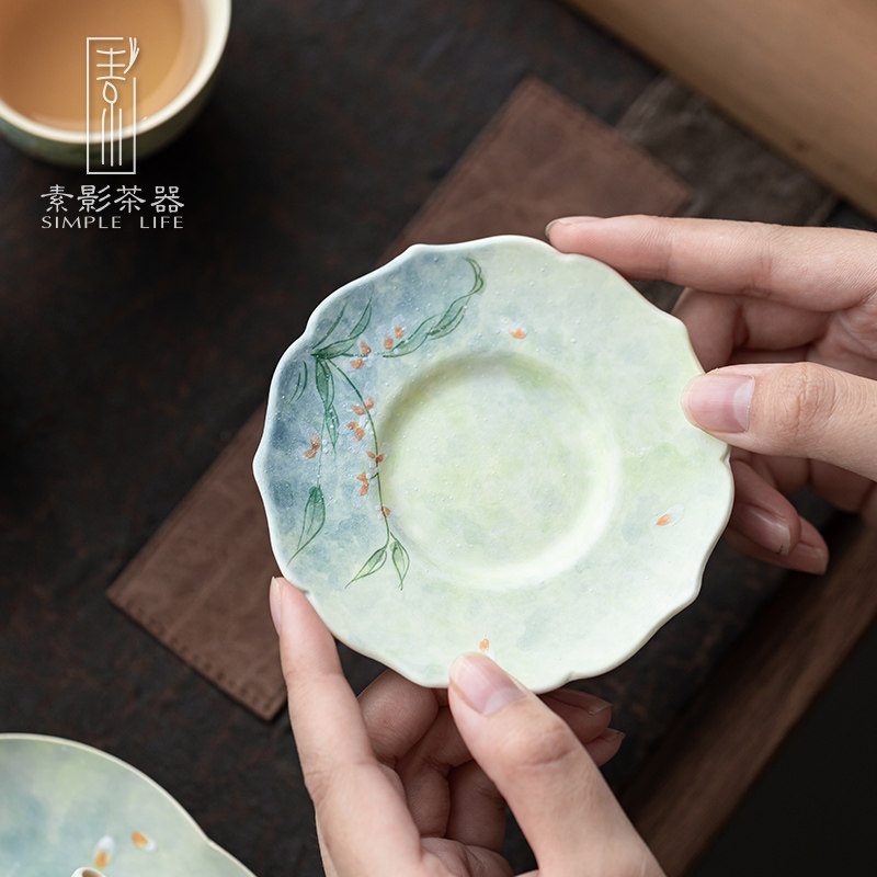 素影陶瓷杯垫中式田园风手绘文心兰茶杯隔热垫家用喝茶高级茶托