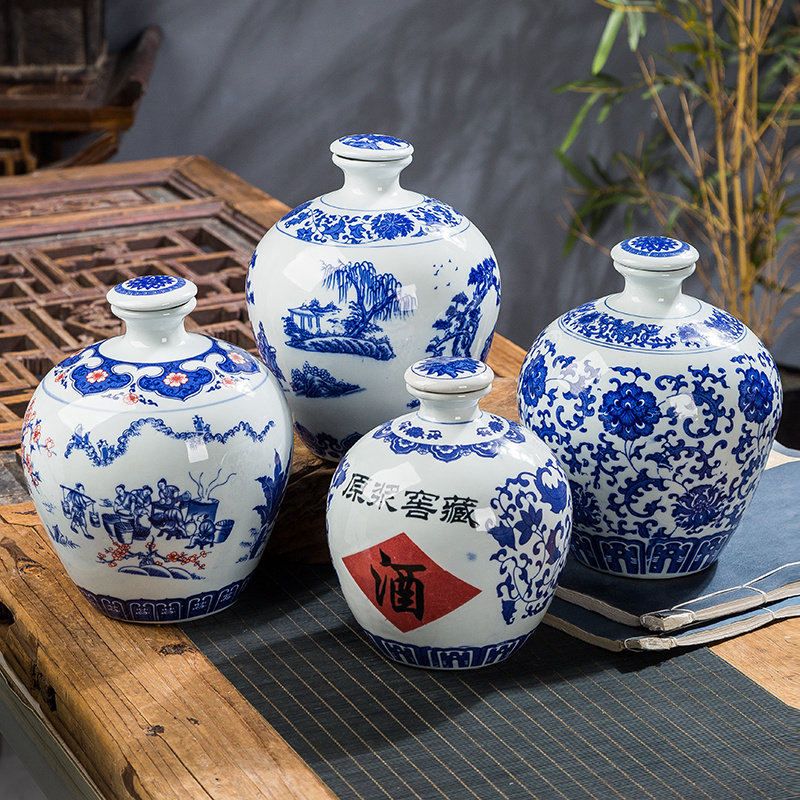 青花瓷酒坛 景德镇陶瓷酒瓶家用装饰窖藏缸1/2/3/5斤密封空泡酒罐