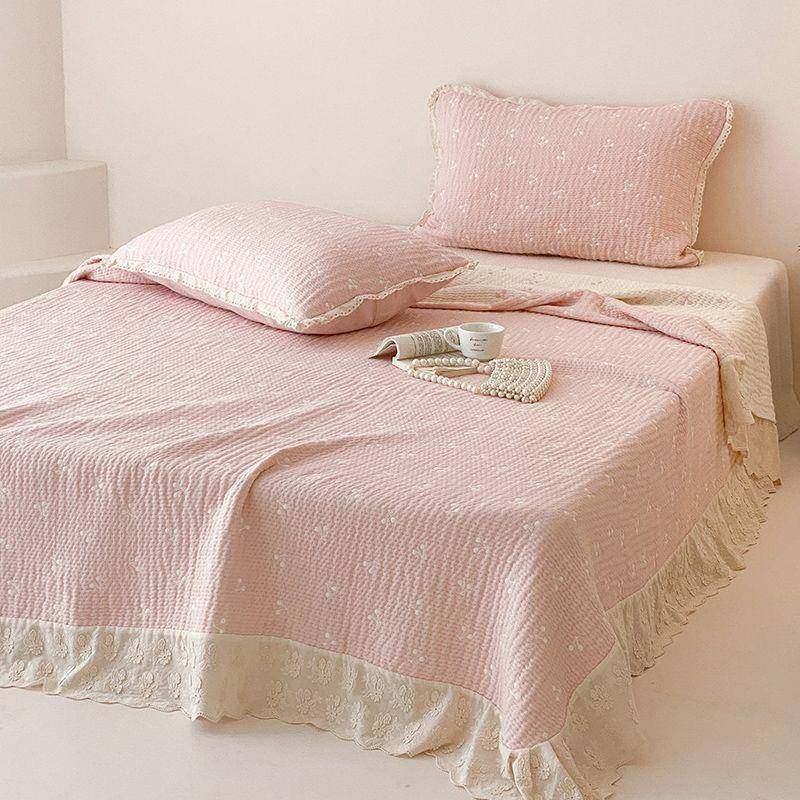 韩式蕾丝花边纱布床盖件套纯四棉色织提花榻KKH厚榻米三加床单季