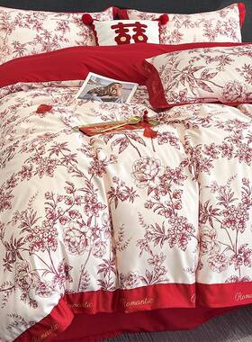 红婚庆床件上四套喜庆高婚OZA被套新婚礼床单床笠色结婚嫁轻奢端