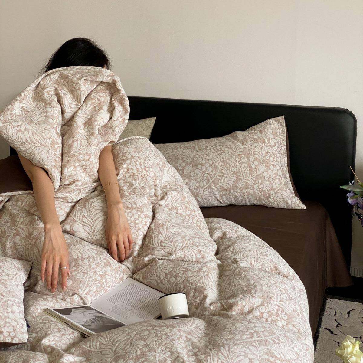 上复田园全色古织提花贡缎亲肤四件套水洗棉柔软被KOU套四季床棉