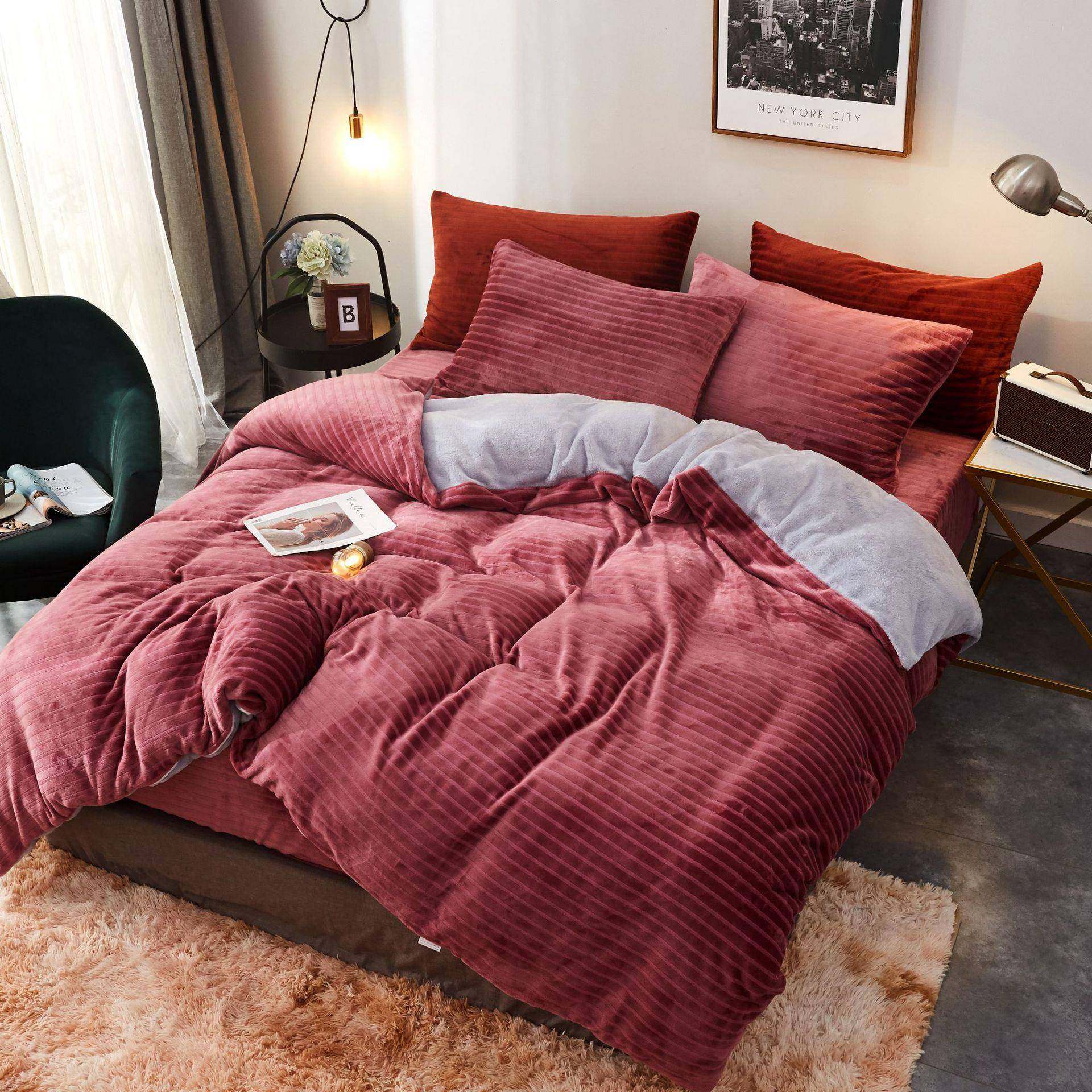 秋冬保法莱暖绒套件纯被双色加厚双面绒套TCC床单拼四件套床单四
