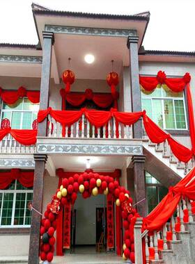 结婚大红婚花球庭院拉村花红绸布房阳台栏杆别F778T897农墅外墙布