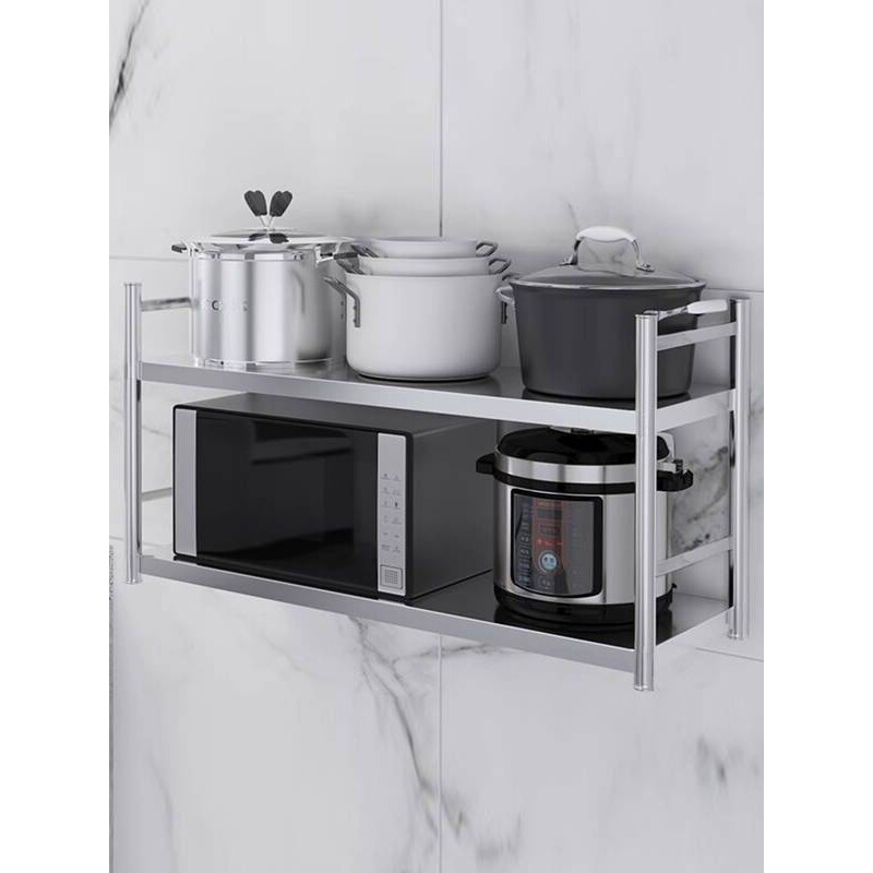 带护栏双层不锈钢厨房置物架微波炉烤箱调料上墙架两层壁挂墙上架