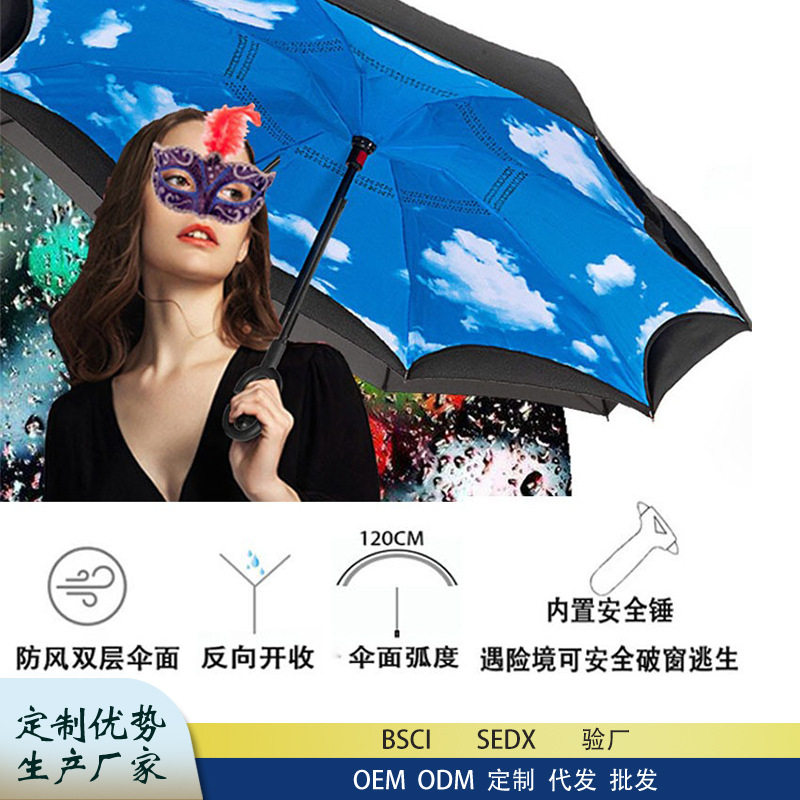 亚马逊爆款二折破窗求生车载反向遮阳伞晴雨两用手开双层汽车伞
