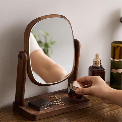 胡木桃化妆镜女台式镜子家用高清旋UPW转镜子黑桌面简约梳卧室妆