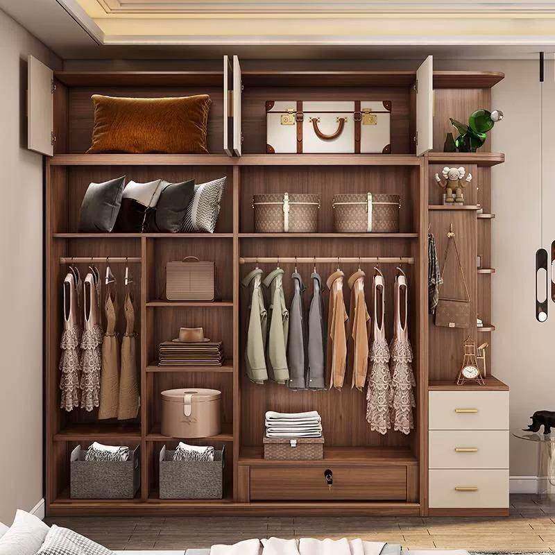 态实木多衣层板推拉门柜现代简约家用卧生柜子移AXQ门室胡桃色大