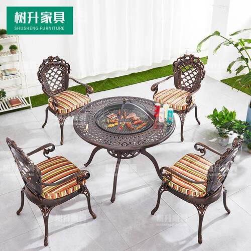 户外SS-HW109园台烤铸铝烧烤桌椅室外露台庭院铝制BBQ电阳花碳烤
