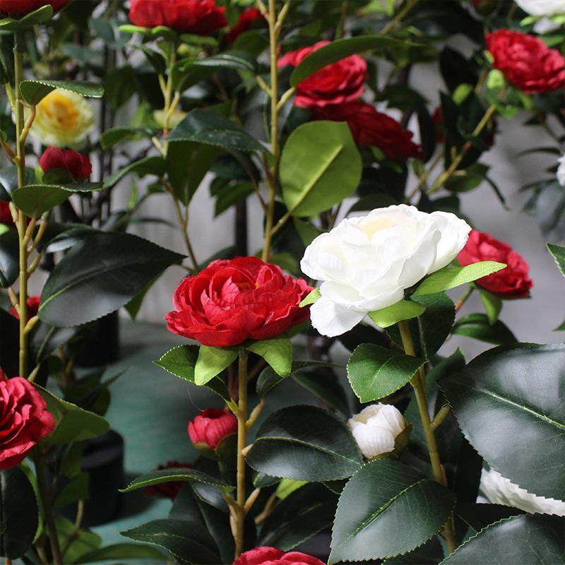 仿真绿茶植花饰树家居客FTG厅阳台装山茶花摆件铺橱店窗落地盆栽