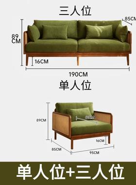 法式木古白蜡发木实沙小GAJ户型客厅三人位绿色丝复绒直排双人沙