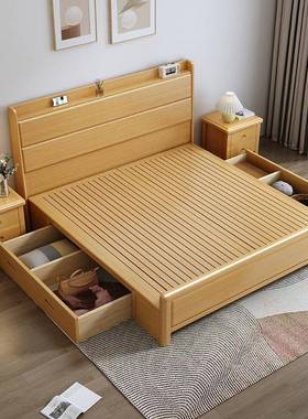 榉木实木床厂18米中式.简全约主卧双人床大床1.5NGF工直销储物床