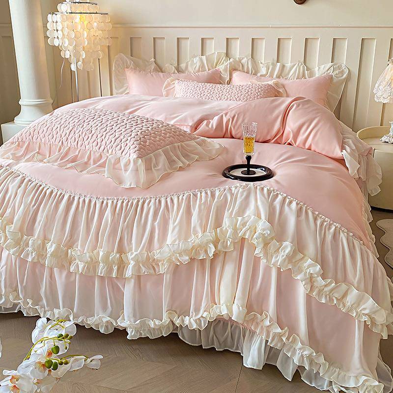 2025新款天丝棉床裙款四件套法式公主风床单被套夹棉床罩蕾丝花边