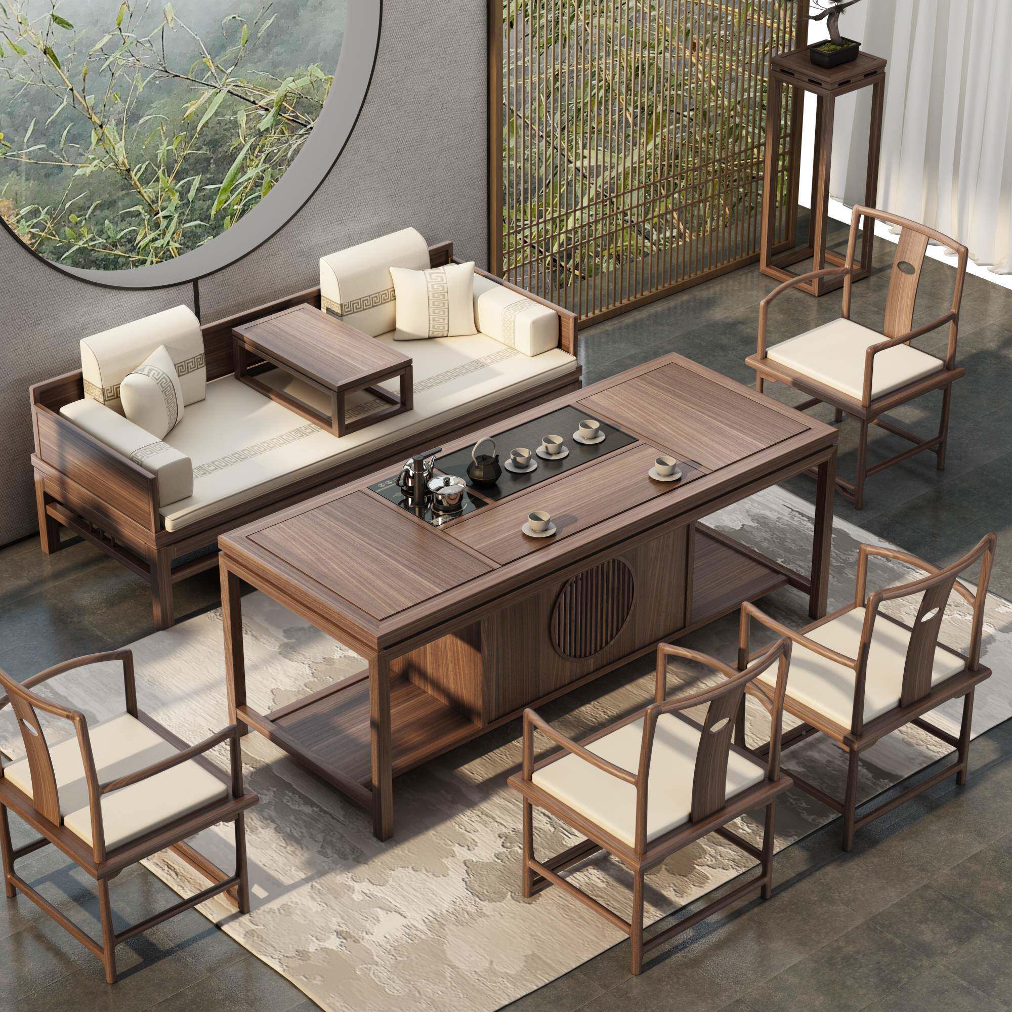 UNF卧老榆木#改沙良罗汉床茶桌椅组合榻塌推拉新中式实木发椅客厅