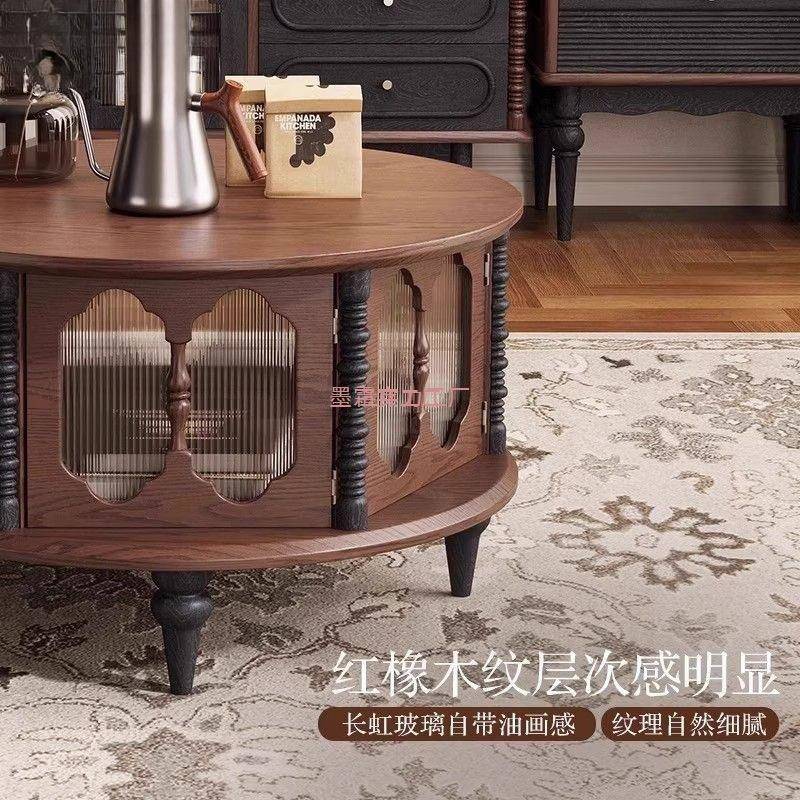法式复古实木用茶家客厅45294小户型玻璃形茶台中古组几合圆茶桌