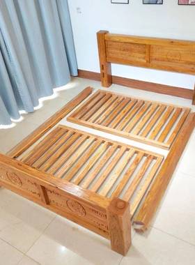 实榆木床加厚大全料双花人床北LTL方老木中式现代简约卧室雕单人