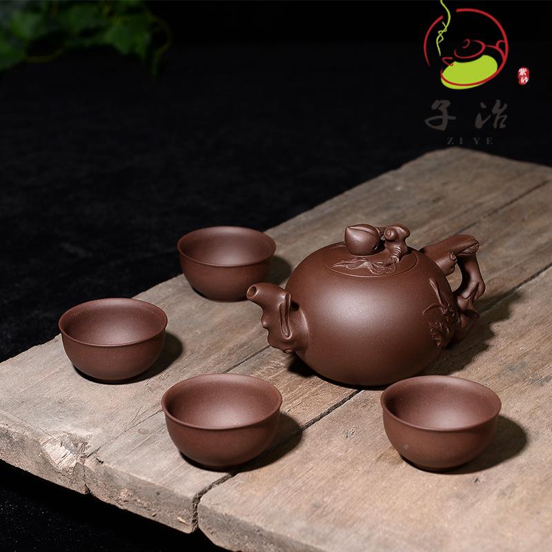 1K寿桃壶贴3花原矿紫砂宜兴紫茶砂壶名F7M6877S家纯全手工6卡盖套