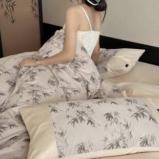 复新中式WSJ25112全棉加厚磨毛套四件古竹叶印肤花被套床单纯棉亲