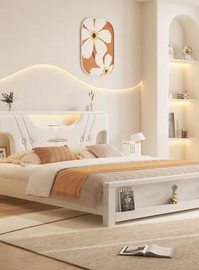 现代简主约奶风实木床1.5米色家用卧1.8白MFMm单双人带灯油储物婚
