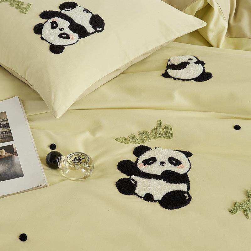 全棉10陶0支长绒棉瓷磨毛冬加厚毛巾绣轻熊猫四件套YBY纯秋棉保暖