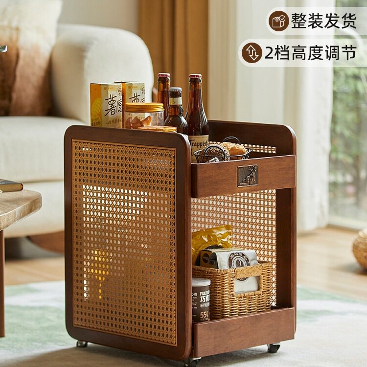 家用桌下多层书包架移动书本架桌边储物杂物置物架藤编复古收纳筐