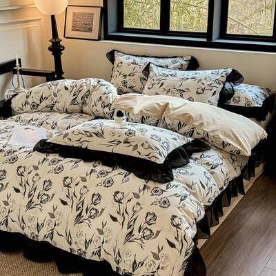 202本5新款纯棉四件套轻法赫风色花边黑被套式床单笠全DHR2025z棉