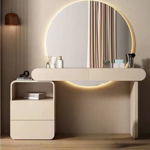 奶油风实木梳妆台现代简约烤漆卧室小户型收纳柜一体大圆镜化妆桌